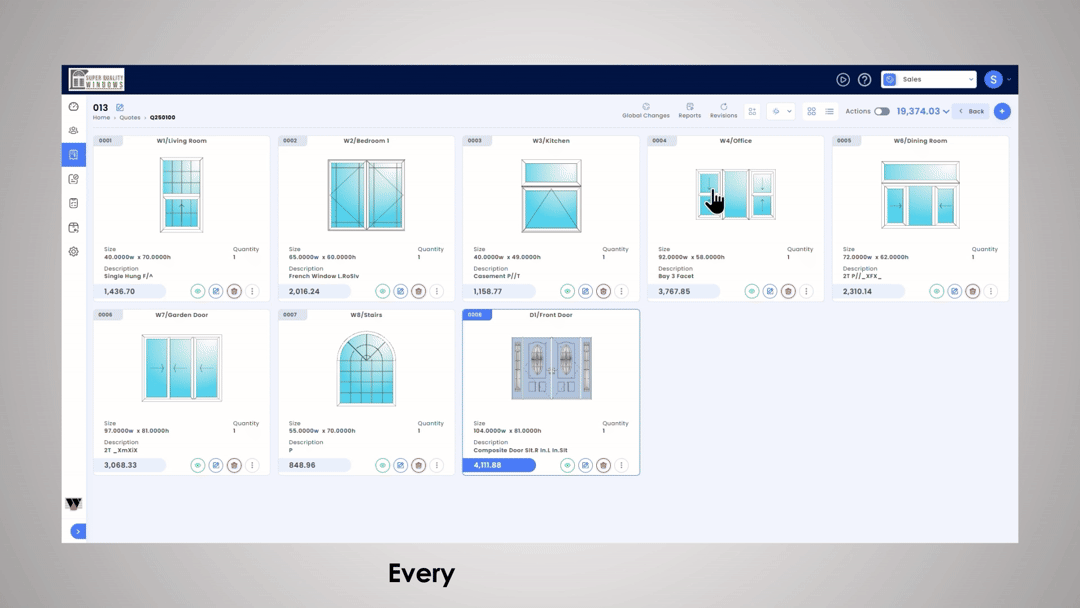 Global changes applied across all quote items in Windowmaker Web